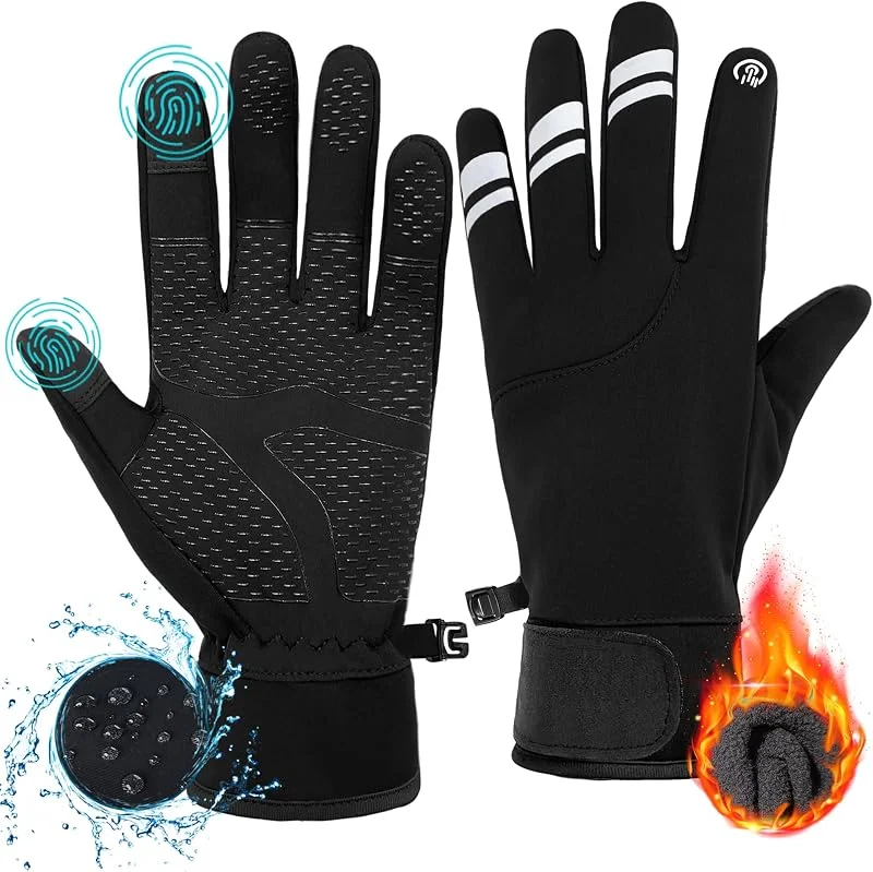 ehsbuy Luvas de Inverno Homem Térmicas Táteis Luvas de Ciclismo Impermeáveis e Antiderrapantes Luvas de Corrida de Inverno com Anéis de Gancho para Bicicleta e Esqui — Cozinha e lar