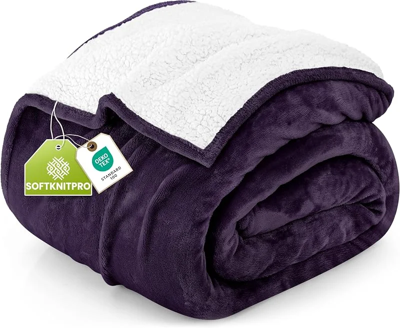 Utopia Bedding Manta Sherpa - manta reversível de pelúcia quente e grossa de 480 gsm para cama, sofá, campismo e viagens [228 x 228 cm, ameixa] — Aquecimento