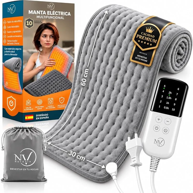 NUVEXIA® Manta elétrica premium com 10 modos de temperatura bolsa de transporte de presente, almofada elétrica lombar, esteira para costas e pescoço, manta térmica para dores e cólicas — Aquecimento