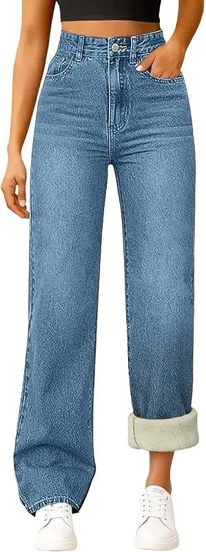 Generisch Vaqueros informales forrados para mujer con pierna recta, pantalones cálidos de invierno de mezclilla elástica suave y prácticos bolsillos para el día a día, versátiles y combinables — Roupa aquecida