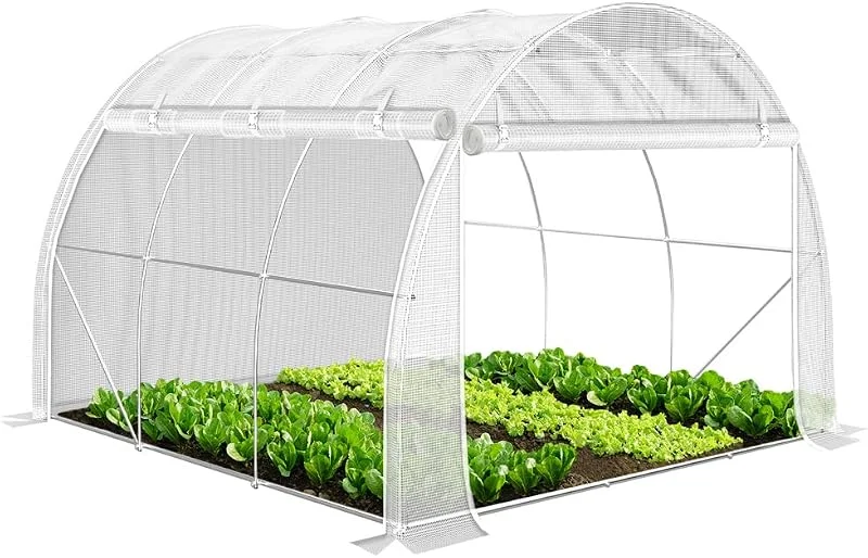 VOUNOT® Estufas de jardim, túnel de estufa para horta para plantas com paredes laterais enroláveis, cobertura PE e tubo de aço, impermeável, 3 x 3 x 2 m, branco — Aquecimento