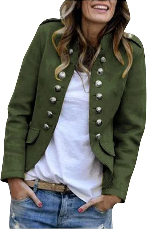 Abrigo de invierno corto para mujer, cuello alto, con botones, manga larga, elegante parka de entretiempo (verde militar, XL) — Roupa aquecida