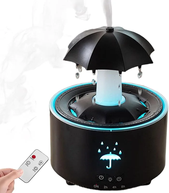 1 humidificador de gota de chuva, humidificadores infantis para quarto, 7 cores LED, máquina de som de chuva fria para ar seco, humidificação silenciosa de quarto com tempo.