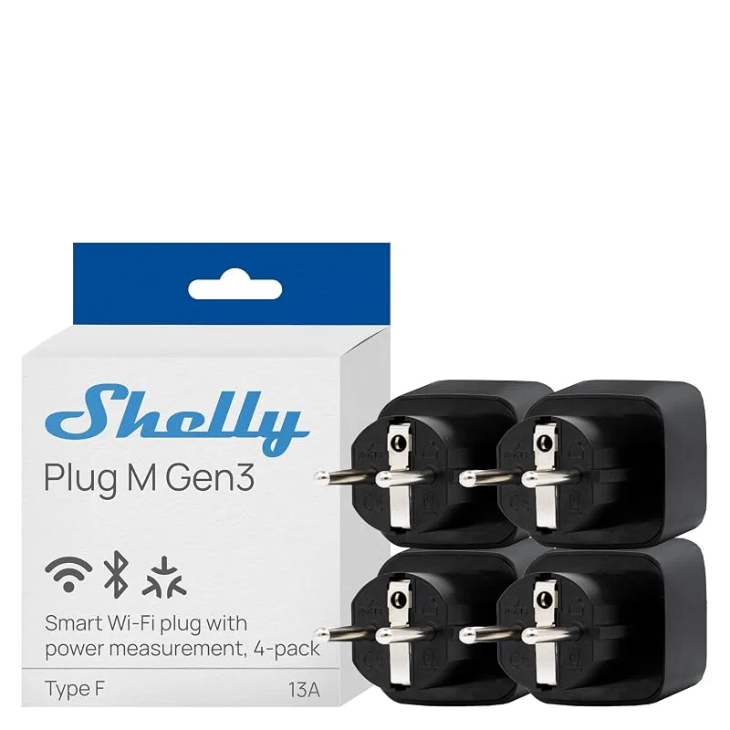 Shelly Plug M Gen3 Preto – Tomada inteligente Matter e Wi-Fi, 13 A (3000 W), tipo F, com medição do consumo de energia, compatível com Alexa, Google Home e Apple HomeKit, conjunto de 4 — Aquecimento
