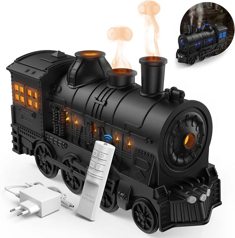 Jeebel Difusor de Aroma para Óleo Essencial - 300 ml Difusor com Estilo de Trem, Efeito Chama, Controle Remoto, Conector UE - Mini Umidificador de Vapor Frio para Aromaterapia no Dormitório Escritório — Humidificador
