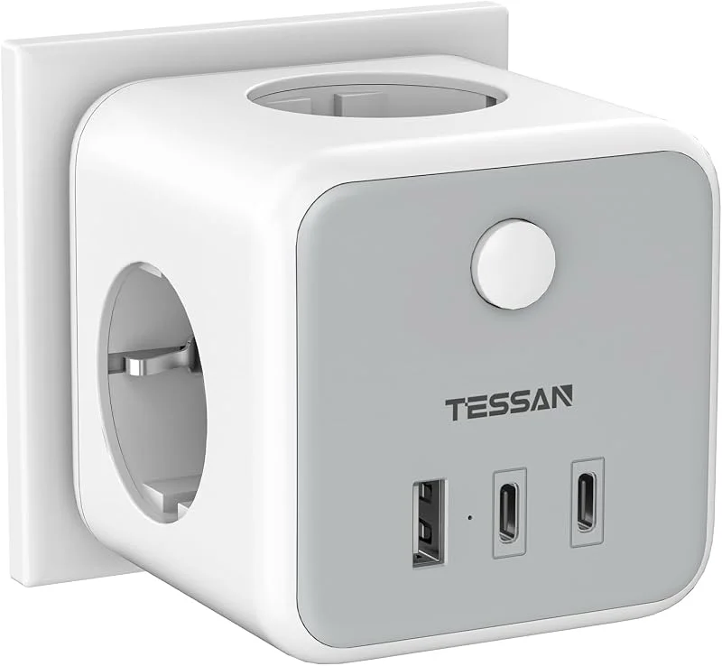 TESSAN Ladron tomada com 2 USB C, 6 em 1 cubo ladron com 3 tomadas CA e 3 USB, cubo tomada múltipla tripla com interruptor, régua de parede compatível com Pad Phone para cozinha escritório — Aquecimento