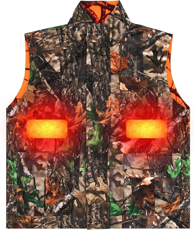 VicBre Colete de caça térmico para homem, colete reversível de camuflagem e laranja para caminhadas, esqui, pesca, campismo (M-4XL) — Roupa aquecida