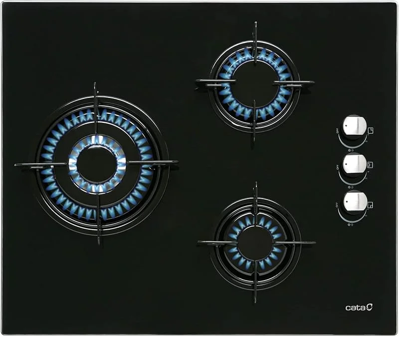 Cata Placa de Cristal a Gás, Modelo CIB 6021 BK, 3 Bicos, Largura 59 cm, Encimera de Gás Butano, Acabamento em Cristal Preto — Aquecimento
