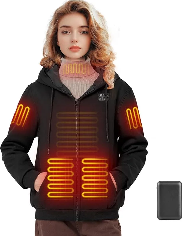 Camisola com capuz quente para mulher com bateria de 7, 4 V e 16 000 mAh camisola aquecida melhorada para mulher com 6 zonas aquecidas preto escuro — Roupa aquecida