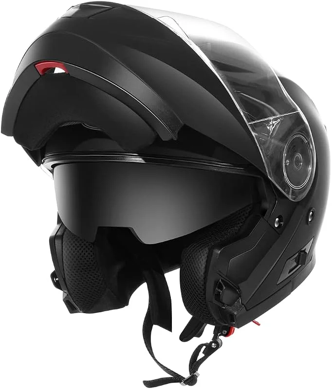 Capacete de moto modular ECE homologado - YEMA 1650926M Capacete de moto integral scooter para mulher homem adultos com viseira dupla - preto fosco - M — Cuidados de rosto