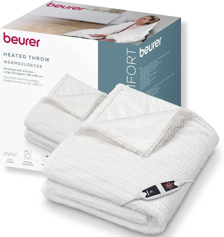 Beurer Helsinki manta aquecida, manta térmica aconchegante de material superior luxuoso com 6 níveis de temperatura, com desligamento automático e sistema de segurança, lavável na máquina a 30 °C — Aquecimento