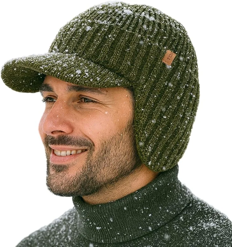 TOP-EX DryKnit™ Gorro de lã merino impermeável 80% para homem, com protetores de ouvido e forro polar, viseira térmica de inverno para clima frio, M-XXL — Roupa aquecida