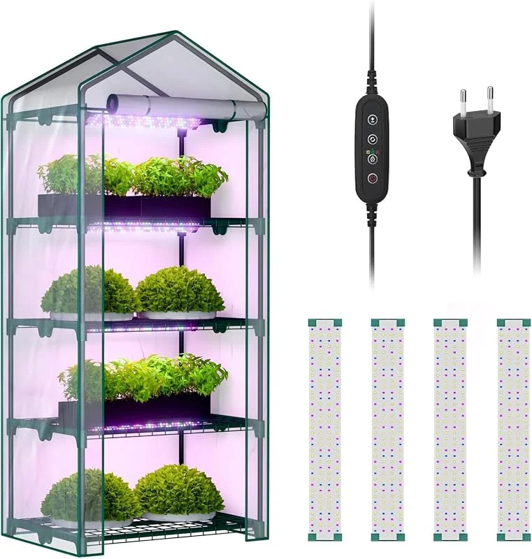 Estufa interior de 4 níveis com luzes LED de crescimento, 68, 5 x 48 x 157, 5 cm, cobertura de PVC, sistema de controlo temporizador regulável de 28 W para início de sementes e — Aquecimento