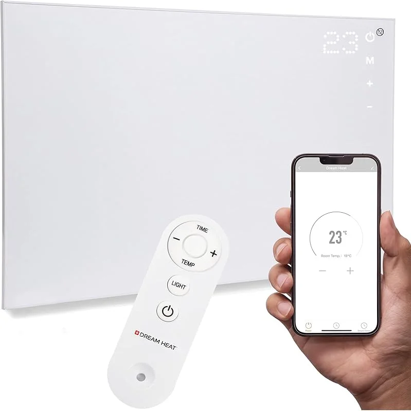 DREAM HEAT Aquecimento por infravermelhos de 960 W com controlo remoto, economia de energia, Wi-Fi, controlo de aplicação, função de temporizador, aquecimento elétrico, radiador, termostato