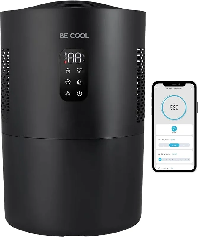 Be Cool Purificador de ar 2 em 1 e humidificador com função de esterilização UV, filtro evaporativo, 3 níveis de humidade, indicador de temperatura ambiente e humidade, temporizador, modo de aroma