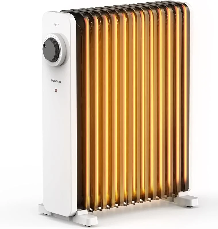 PELONIS Radiador de óleo branco de 2500 W com tecnologia de convecção 3D e vulcano, 13 barbatanas, 3 potências, termóstato, segurança para sala de estar, quarto — Aquecimento
