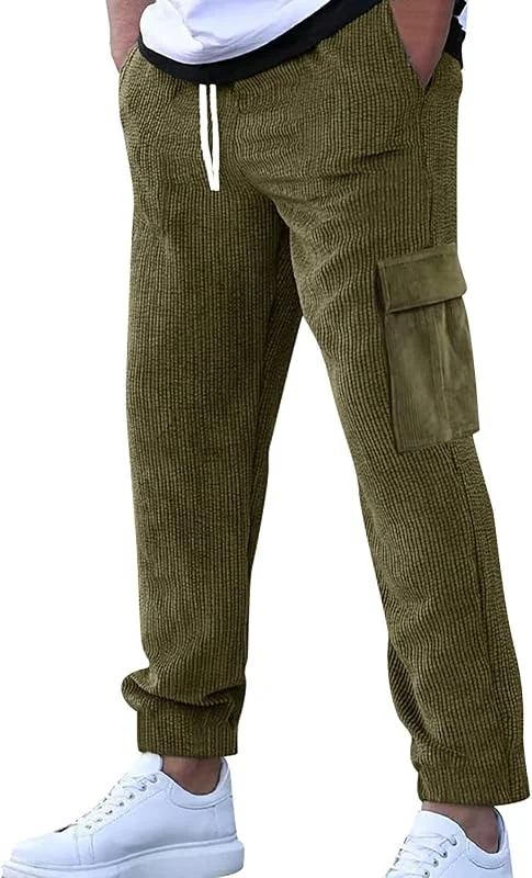 Generico Calções desportivos cargo para homem de veludo com nervuras com cintura elástica para estilo de rua casual — Roupa aquecida