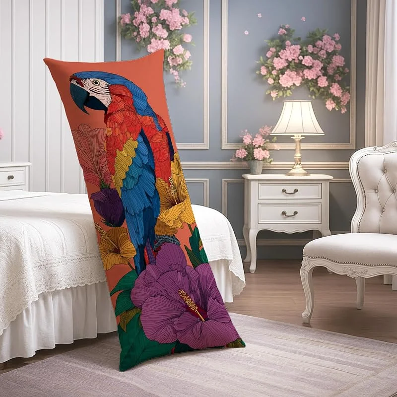 Fundas de almohada de cuerpo floral vibrante, diseño tropical colorido de loro suave, funda de almohada lumbar de terciopelo suave con cremallera, funda de almohada de cuerpo largo de 20 x 54 pulgadas — Aquecimento