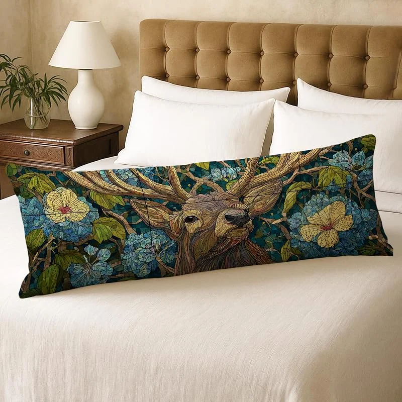 Funda de almohada artística, diseño floral de ciervo colorido, funda de almohada lumbar de terciopelo suave con cremallera, funda de almohada de cuerpo largo decorativa para dormitorio, sofá, cabecera — Aquecimento