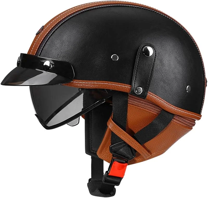 Medio Casco De Moto Retro, ECE Homologado Cuero Cascos Abiertos De Moto, Casco Jet Vintage con Visera, Cascos Half-Helmet para Chopper Motocicleta Bicicleta Scooter — Roupa aquecida