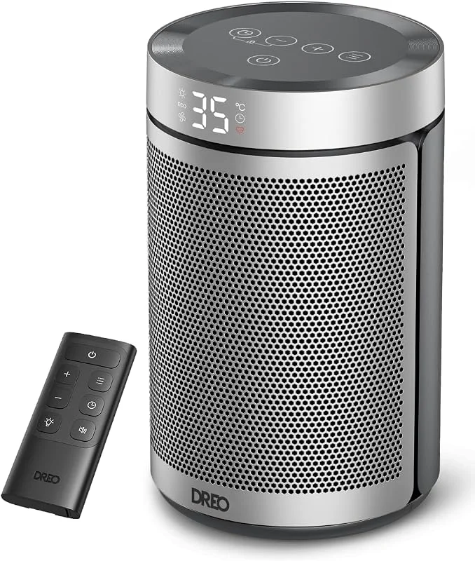 Dreo Aquecedor baixo consumo de 34 dB silencioso, fogão elétrico cerâmico PTC 1500 W com termóstato, proteção contra sobreaquecimento e volco, temporizador de 12H, aquecimento para quarto, Atom 316 prateado
