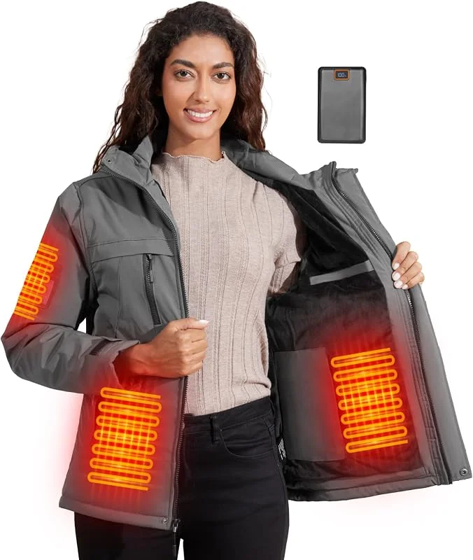 Casaco Aquecível de Esqui para Mulher com Capuz, Impermeável e Antivento, Forro Polar, Bateria 20000mAh, 6 Zonas de Aquecimento, 3 Níveis de Temperatura para Esqui e Caminhadas — Roupa aquecida