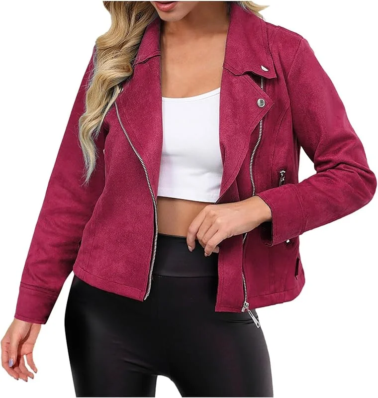 Chaqueta de piel sintética para mujer, aspecto de ante, con cremallera, chaqueta de motorista para primavera, transición, chaqueta calefactable para exteriores — Roupa aquecida
