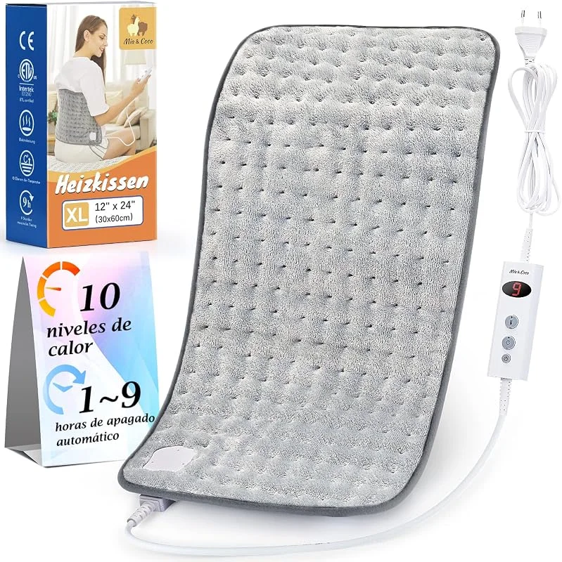 Almofada térmica elétrica para costas, pescoço, ombros, almofada térmica com desligamento automático em 90 min, 10 configurações de nível de calor, almofada térmica rápida, (30 x 60 cm) cinza — Roupa aquecida