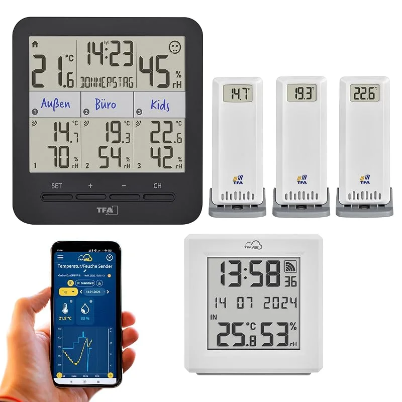 TFA Dostmann TFA.me ID-01 Klima@Home2 - Kit de iniciação de acompanhamento do clima interno, medição de temperatura e humidade, portal TFA.me, notificação por e-mail, prevenção de mofo — Humidificador