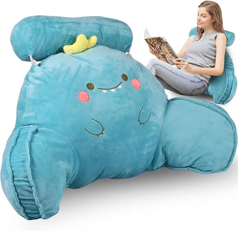 70 x 43 cm, almofada de encosto de felpa, algodão PP, almofada de apoio lombar com apoio de braços e almofada cervical, almofada de apoio respirável removível, almofada de leitura para cama e — Aquecimento