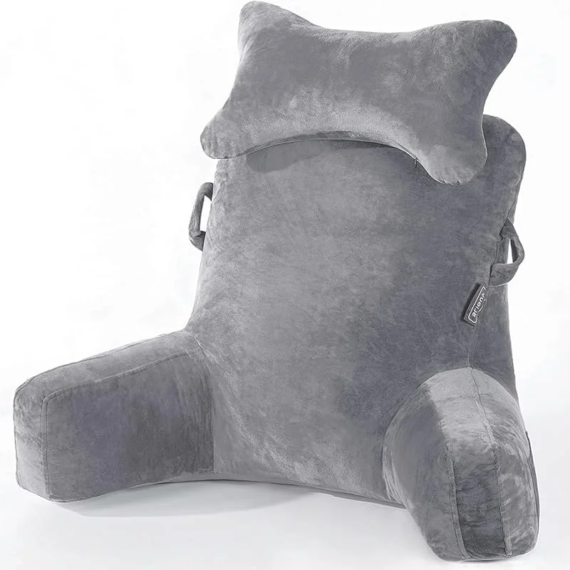 SLIGUY Almofada de leitura, almofada para descanso na cama com gola destacável e braços para sentar na cama ou nas costas, almofada de leitura para as costas para adultos, cinzento escuro — Aquecimento