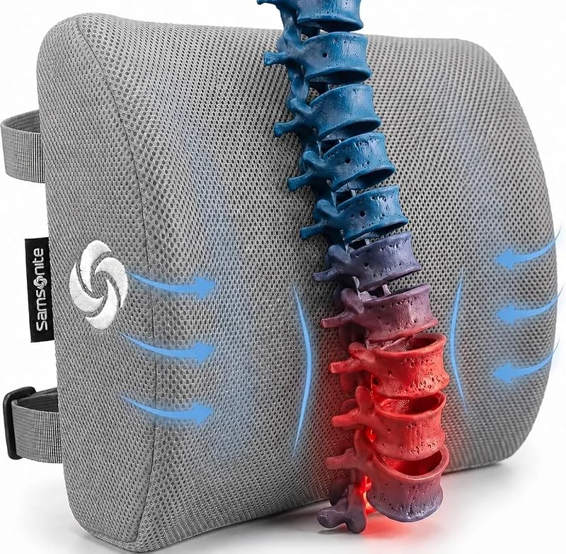 Samsonite SA5244 Almofada ergonómica de apoio lombar ajuda a aliviar a dor de costas baixas 100 % espuma viscoelástica pura que melhora a postura, adapta-se à maioria dos assentos, malha — Aquecimento