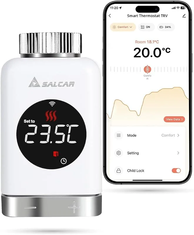SALCAR Termostato de Aquecimento TRV801W WiFi Termostato com Ecrã LCD Compatível com Amazon Alexa e Google Assistant Cabeça Termostatica Programável Tuya, sem Porta de Ligação Adicional