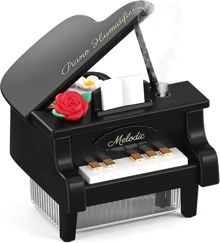 Humidificador de piano ligero de 7 colores Cool Mist de 350 ml, mini escritorio negro clásico