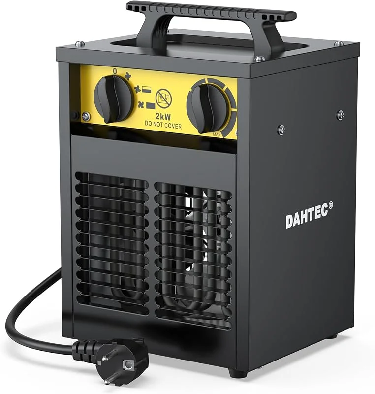 DAHTEC Aquecedor elétrico 2000 W potenciado - aquecedor portátil industrial - termostato e proteção contra sobreaquecimento - adequado para construção, garagem e estufa