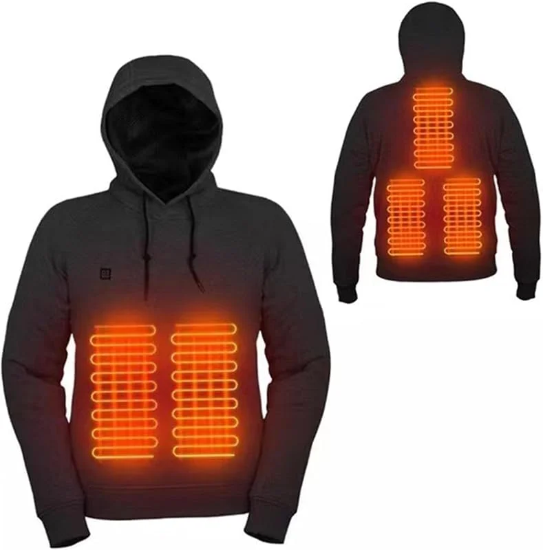 Camisola com aquecimento camisola com capuz com aquecimento USB unissexo com 3 níveis de, 5 zonas de jersey casual preto com bolso dianteiro roupa lavável para homens mulher — Roupa aquecida