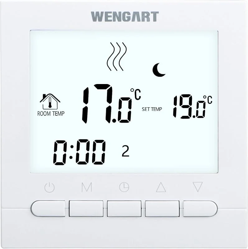 Wengart Termostato para aquecimento por água WG02B04 (3A), ecrã grande de alta visibilidade, controlo de caldeira e piso radiante, compatível com caixa redonda de 60 mm, programável