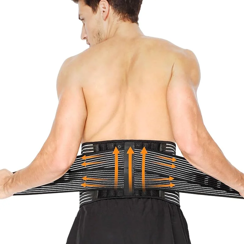 Cinto lombar para homem e mulher, cinto lombar com 6 hastes de suporte com molas, alças de ajuste duplo e tecido respirável para trabalho, desporto e conforto diário (M: 71-96 cm) — Roupa aquecida