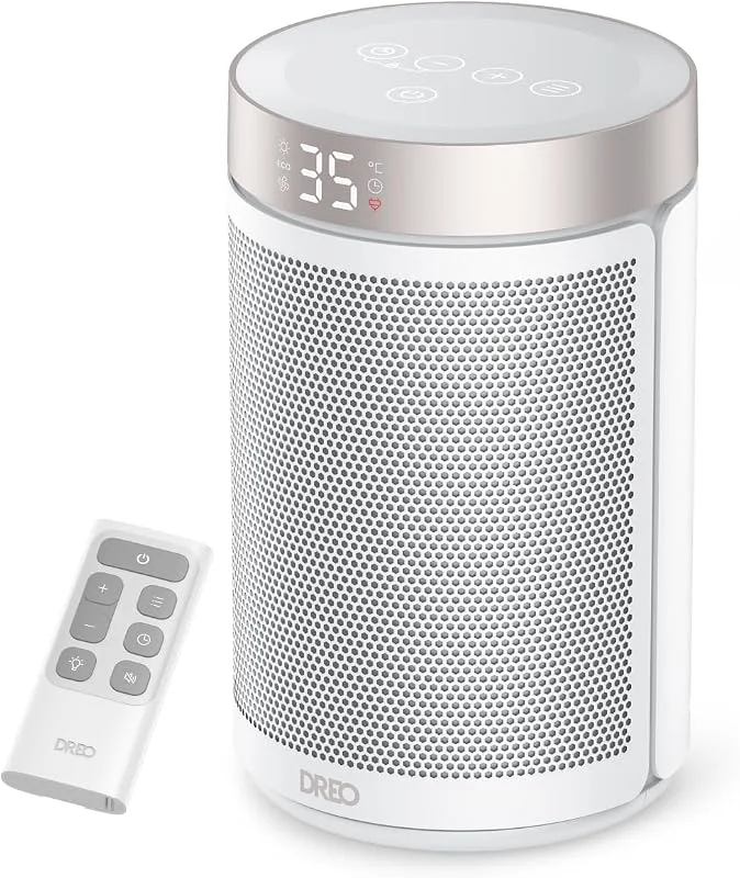 Dreo Aquecedor elétrico 1500W silencioso e de baixo consumo, estufa de cerâmica portátil com termostato, 3 modos, temporizador 12H, proteção contra aquecimento excessivo e capotagem, branco