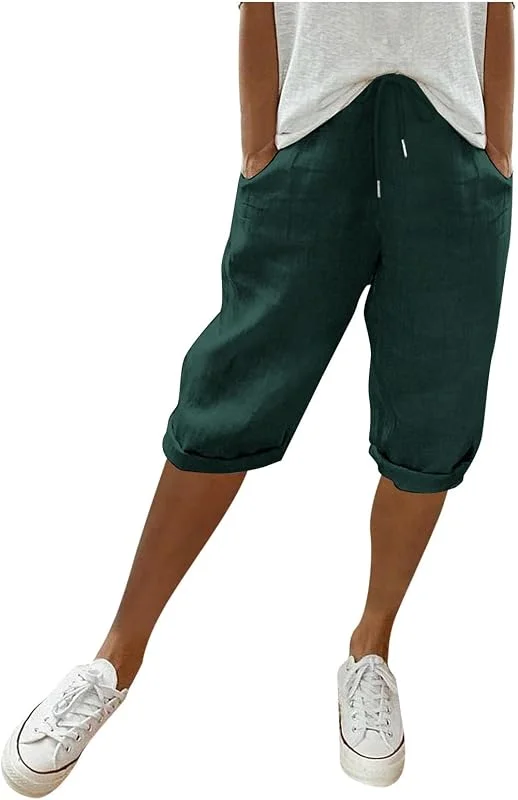 Calças pretas para mulher, cor sólida, bolso grande, calças casuais elásticas, calças capri com bolso saiote calções mulher — Roupa aquecida