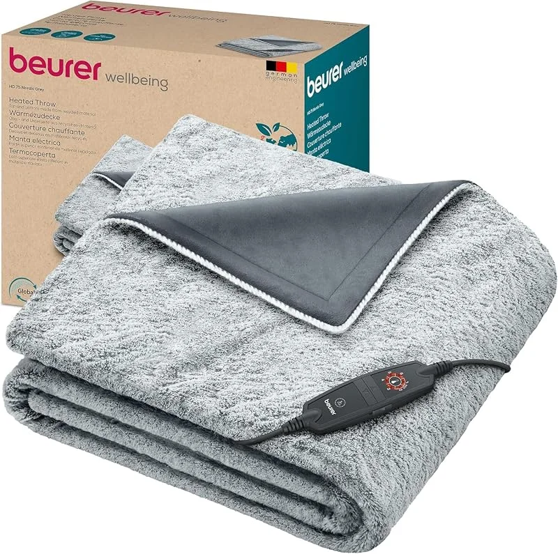 Beurer HD75 - Manta elétrica com design de planeta verde nórdico, manta térmica de material reciclado, suave, 6 níveis de temperatura, lavável na máquina, desliga automática, 180 x 130 cm — Aquecimento