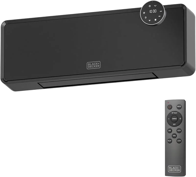 Black+Decker - Aquecedor de parede cerâmico BXWSH2001E, 2000W, Termostato ajustável, temporizador 24h, controlo remoto, ecrã LED, PTC, oscilação automática, 20 m2 — Aquecimento