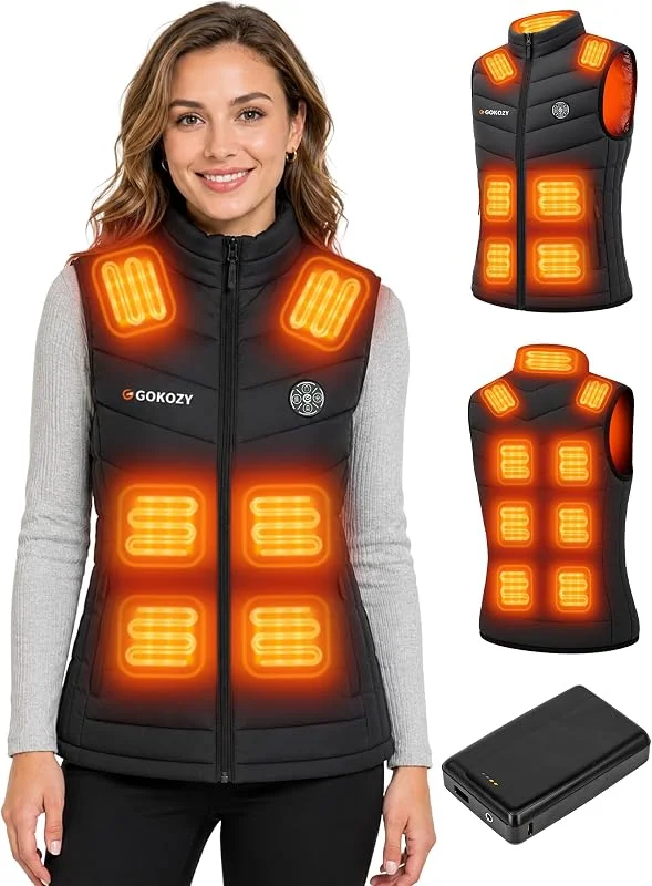 Gokozy Chaleco térmico para mujer con batería de 7.4 V 16000 mAh, calefacción inteligente 4 en 1 de 15 zonas, lavable a máquina, calentador corporal ligero para senderismo de invierno y trabajo al — Roupa aquecida