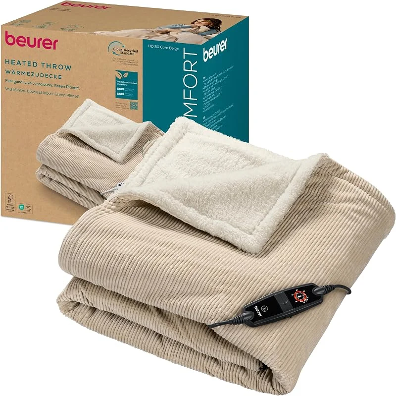 Beurer Manta eléctrica HD 80, de Pana Suave, 6 Niveles de Temperatura, Mecanismo de desconexión automática y Sistema de Seguridad, Lavable a máquina, 180 x 130 cm, Beige — Aquecimento