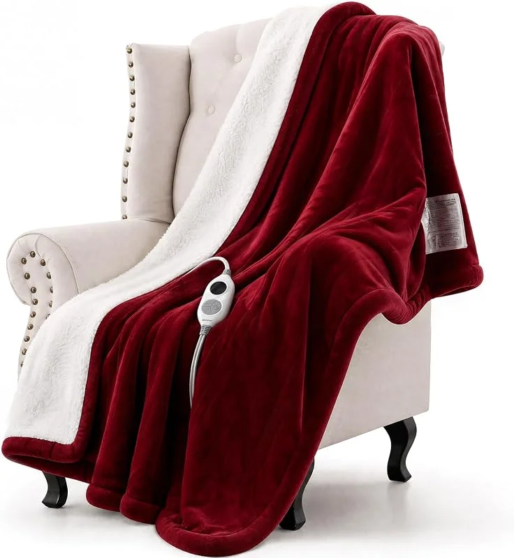 Manta elétrica grande sherpa de flanela 130 x 180 cm, aquecimento rápido 6 níveis de calor e temporizador de desligamento automático de 1 ~ 10 horas e ecrã digital, lavável vermelho