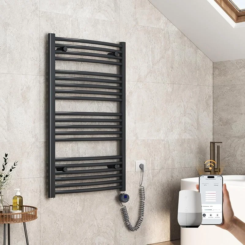 EMKE Radiador de casa de banho elétrico curvo, 1200 x 600 mm, com WiFi, toalheiro elétrico, toalha, radiador de casa de banho com termostato e haste de aquecimento, 600 W, antracite