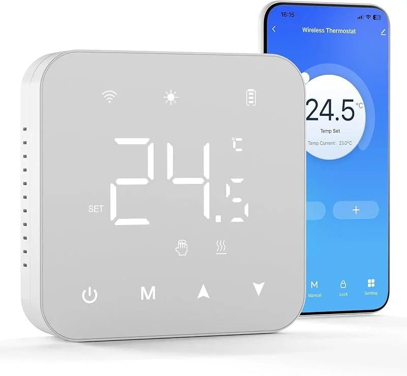 Termostato de bateria de 2 fios. Termostato Wi-Fi programável diariamente. Controlável remotamente através de Tuya ou Smart Life. Compatível com Google Assistant e Alexa. — Aquecimento