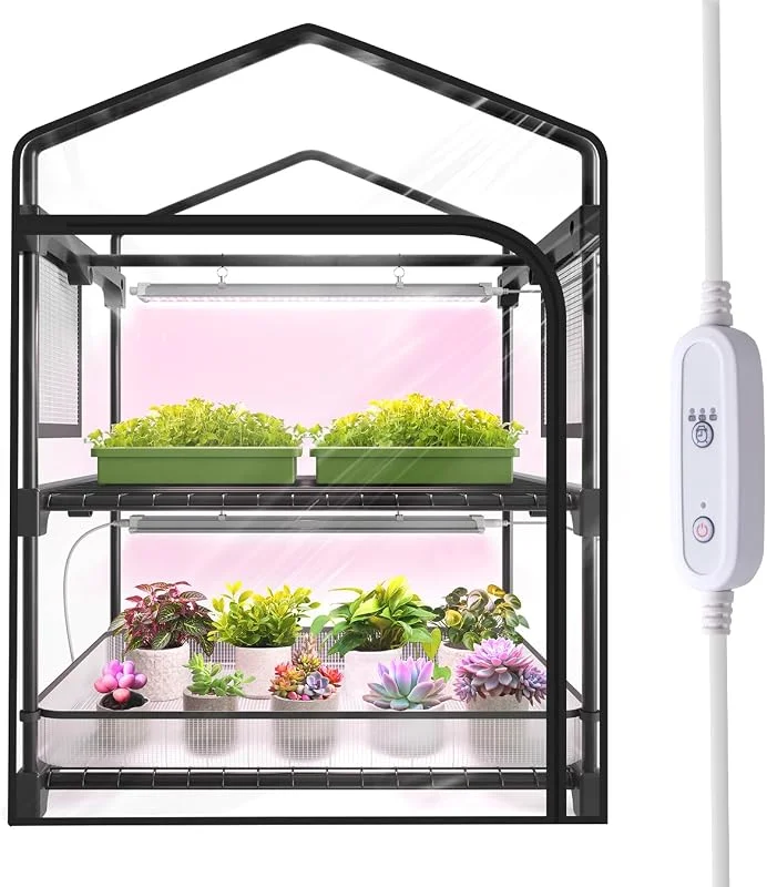 Mini estufa interior com luz de crescimento, estufa portátil de 2 níveis para exteriores com prateleiras, cobertura de PVC impermeável e 2 luzes de crescimento reguláveis de 1, 6 pés — Aquecimento