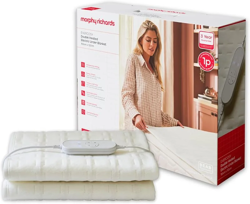 Morphy Richards EverCosy Manta elétrica de casal, 150 x 122 cm, para dores nas costas e noites frias, 9 configurações de calor, temporizador de 9 horas, aprovado por BEAB, custo de 3 p, h, cor creme — Aquecimento