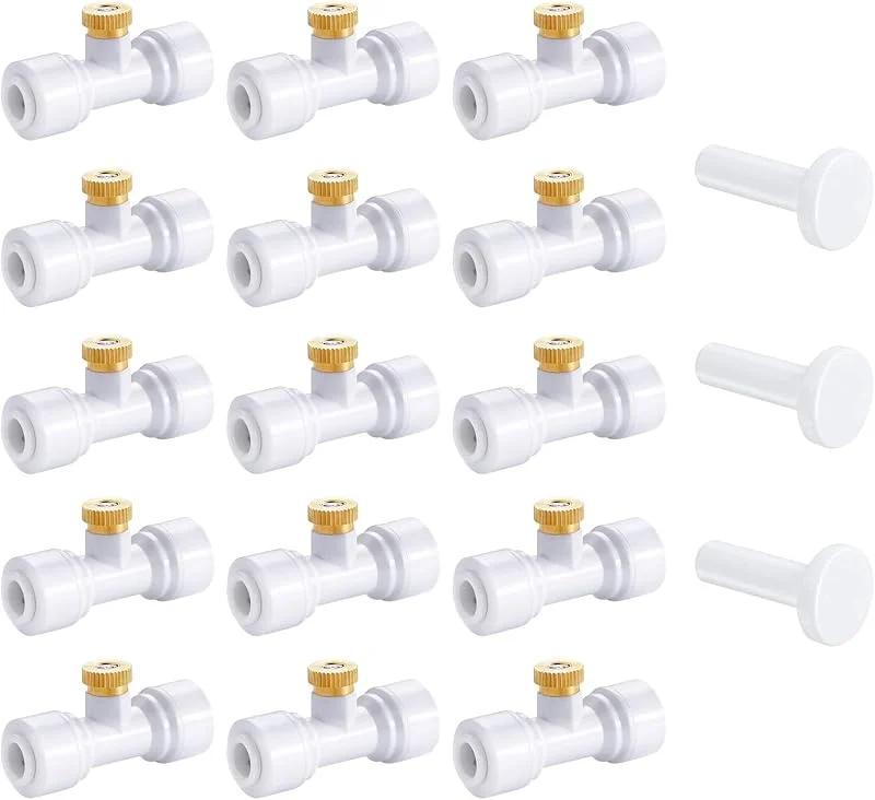 Kit de Boquillas de nebulización de Iatón, 15 Boquilla + 15 Asiento Nebulización Boquillas, para Patio jardín Invernadero Sistema Refrigeración al Aire Libre, Blanco — Humidificador